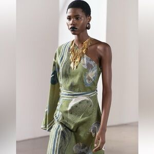 ZARA- one shoulder linen printed asymmetric dress- size XS- NWT